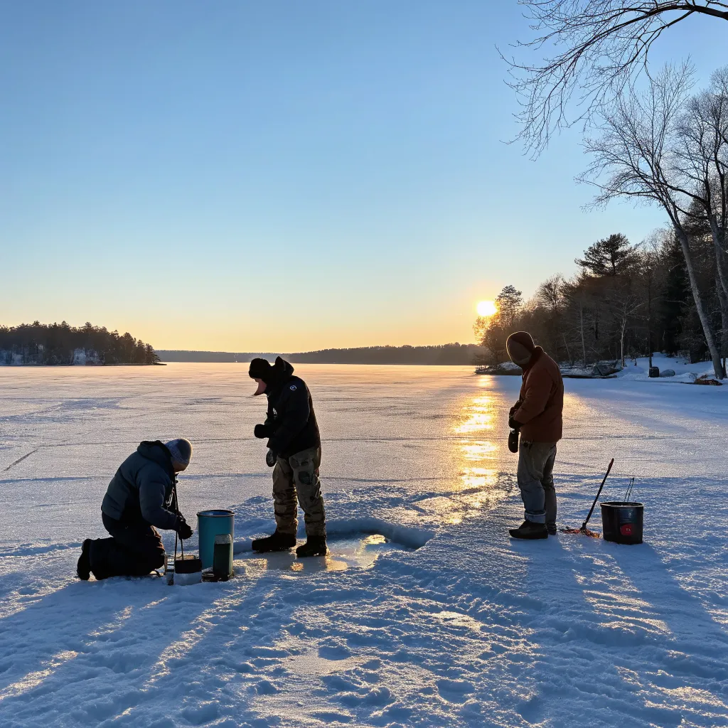 Guided ice fishing at sunrise on frozen lake
